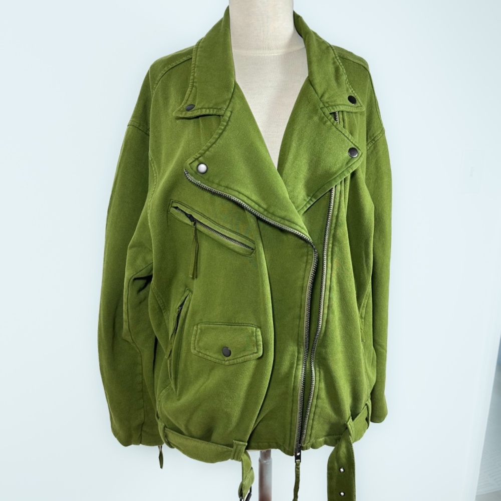 NWT Free People Rebel Knit Oversized Moto Jacket in Green size Large